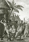 Arrestation de Mr. Brüe par ordre de Damel, roi de Cayor, en juin 1701.
Illustrations de Atlas pour servir au voyage du Sénégal... 1801-1802